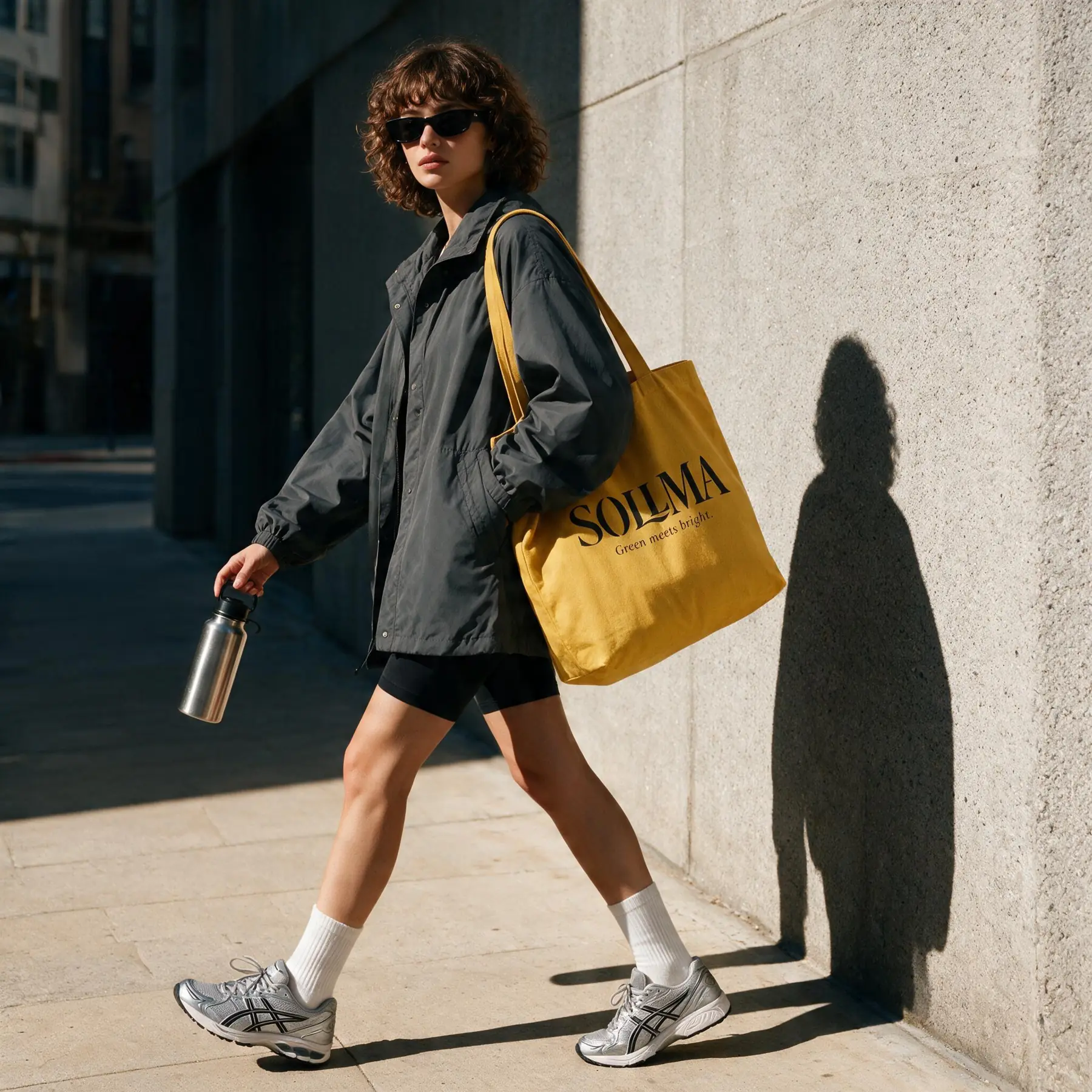 Woman walking with a yellow SOLLMA tote bag