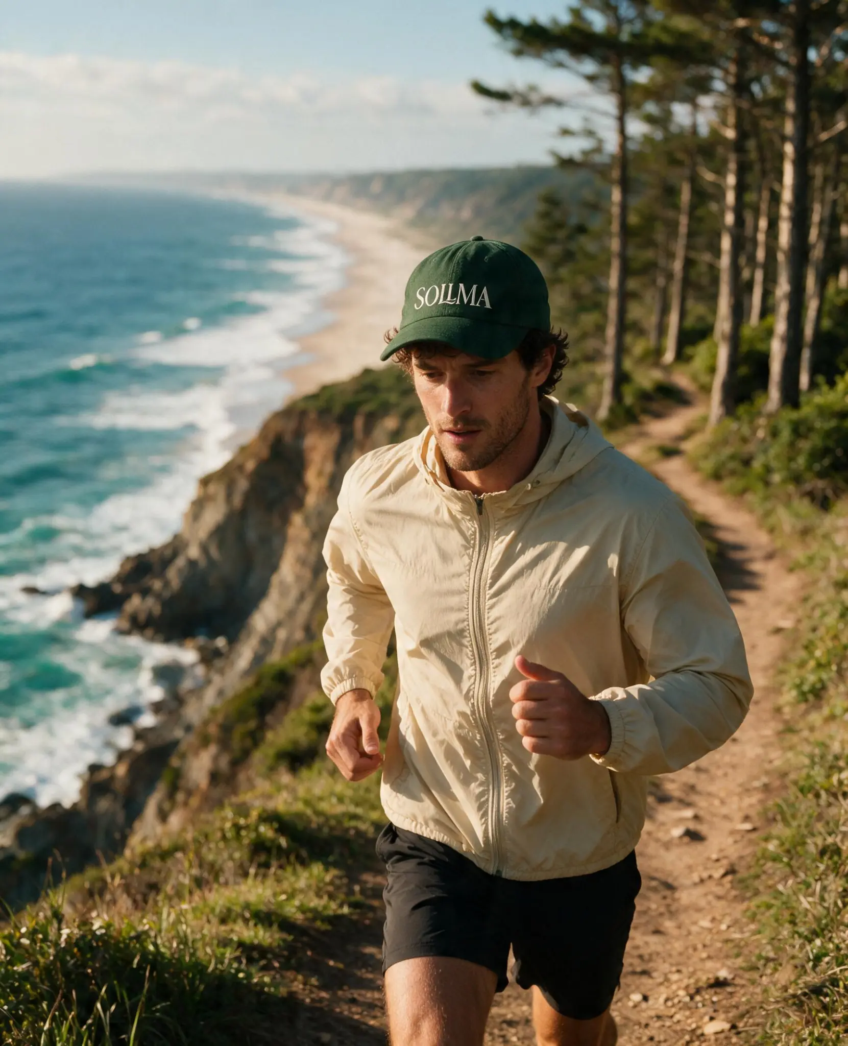 Runner wearing a SOLLMA cap on a coastal trail