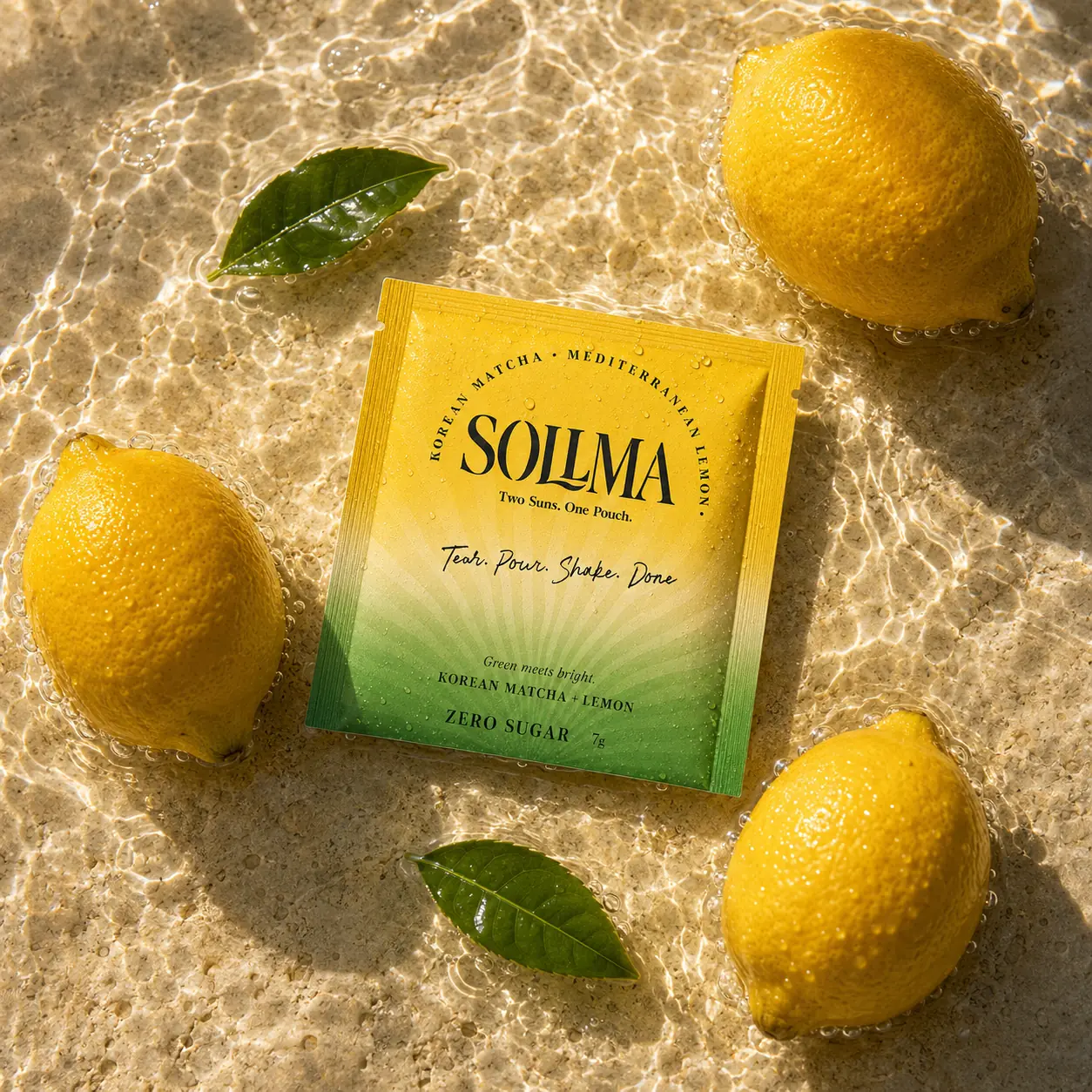 SOLLMA pouch with lemons and matcha leaves in sunlit water