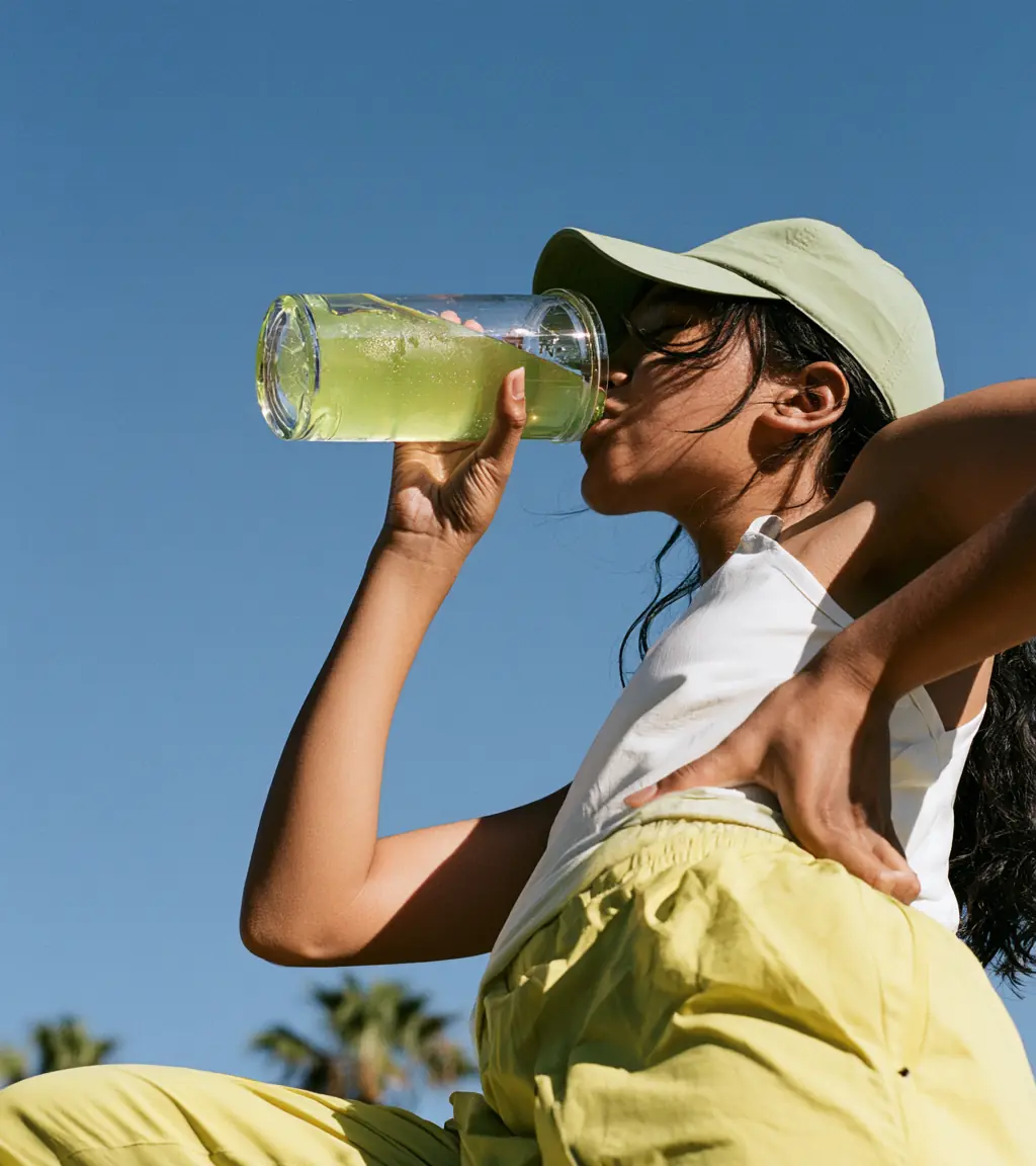 Woman drinking a cold green beverage outdoors