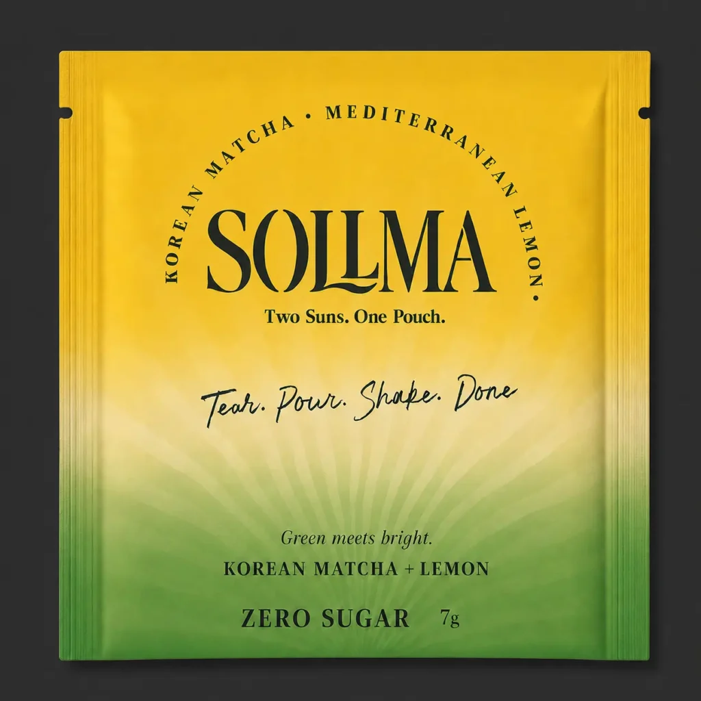 Front view of SOLLMA Korean matcha and lemon pouch