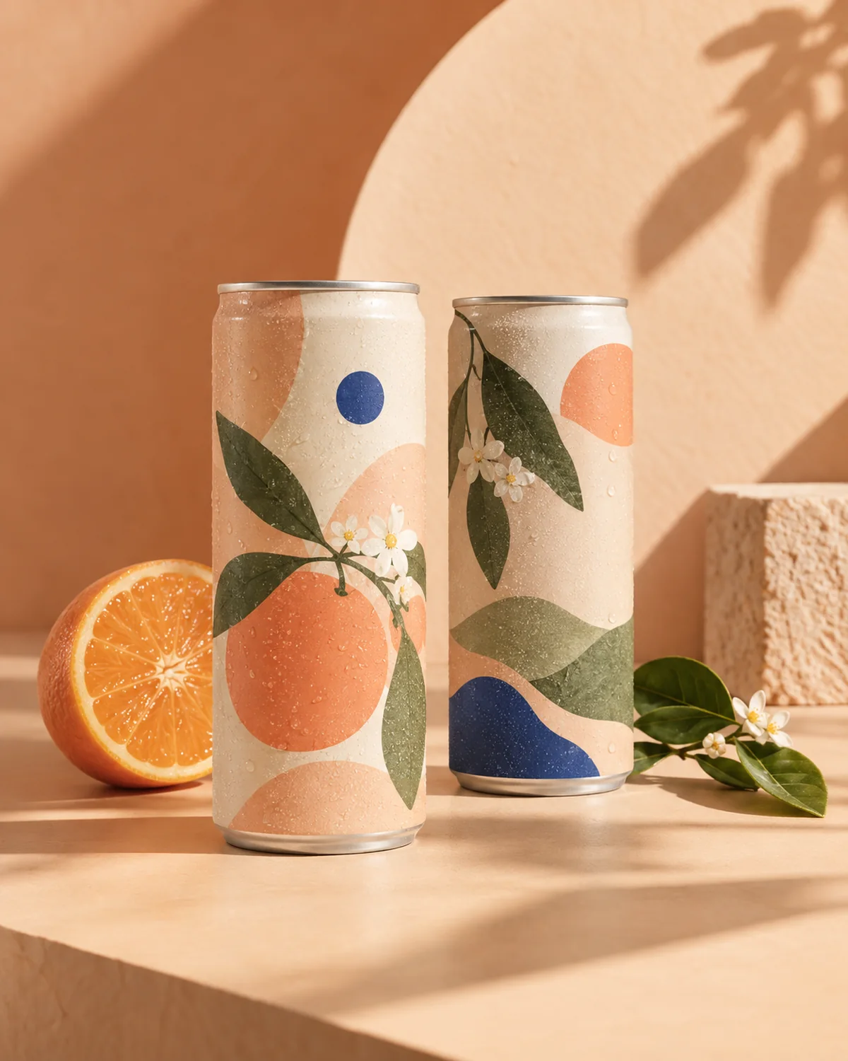 Botanical beverage packaging arranged on an apricot studio set