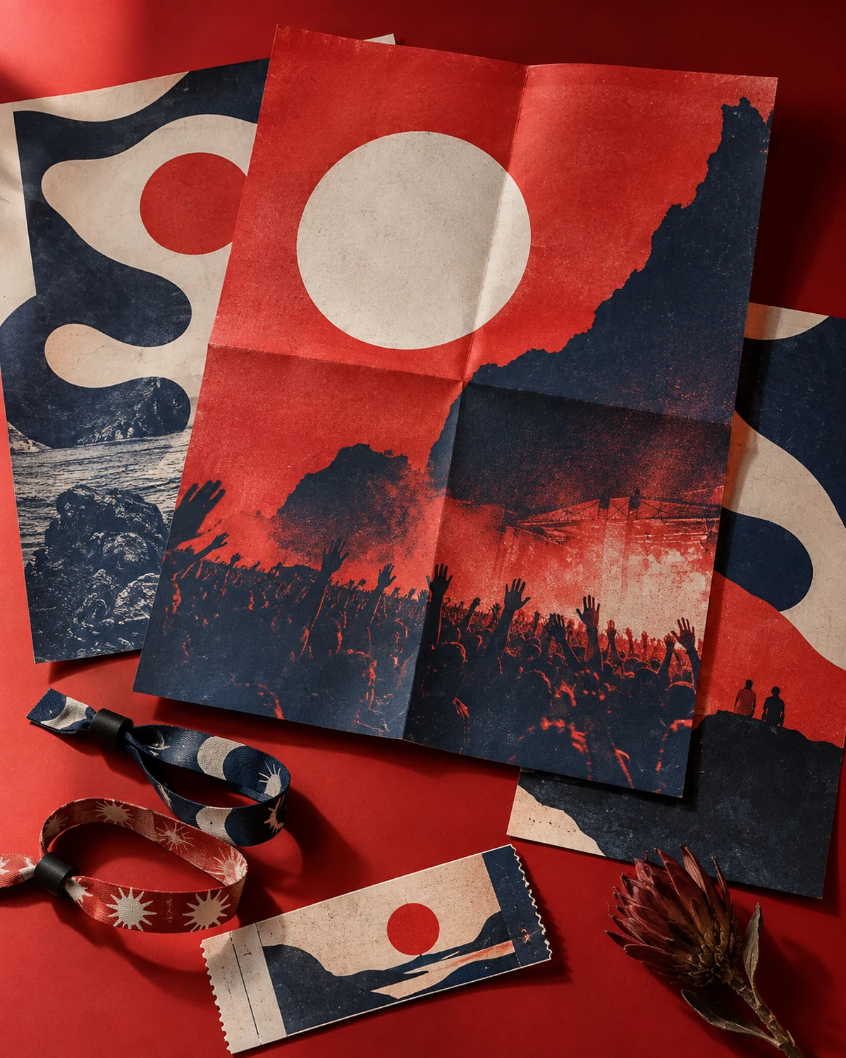 Music and arts festival print campaign on a vivid red backdrop