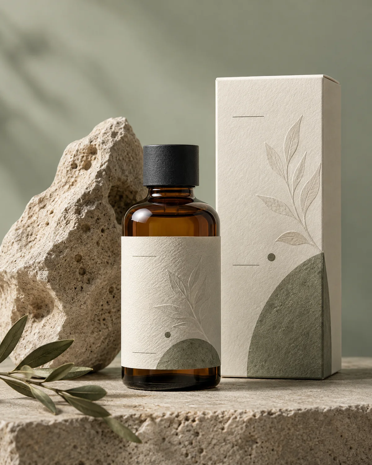 Natural skincare bottle and carton on a soft sage backdrop